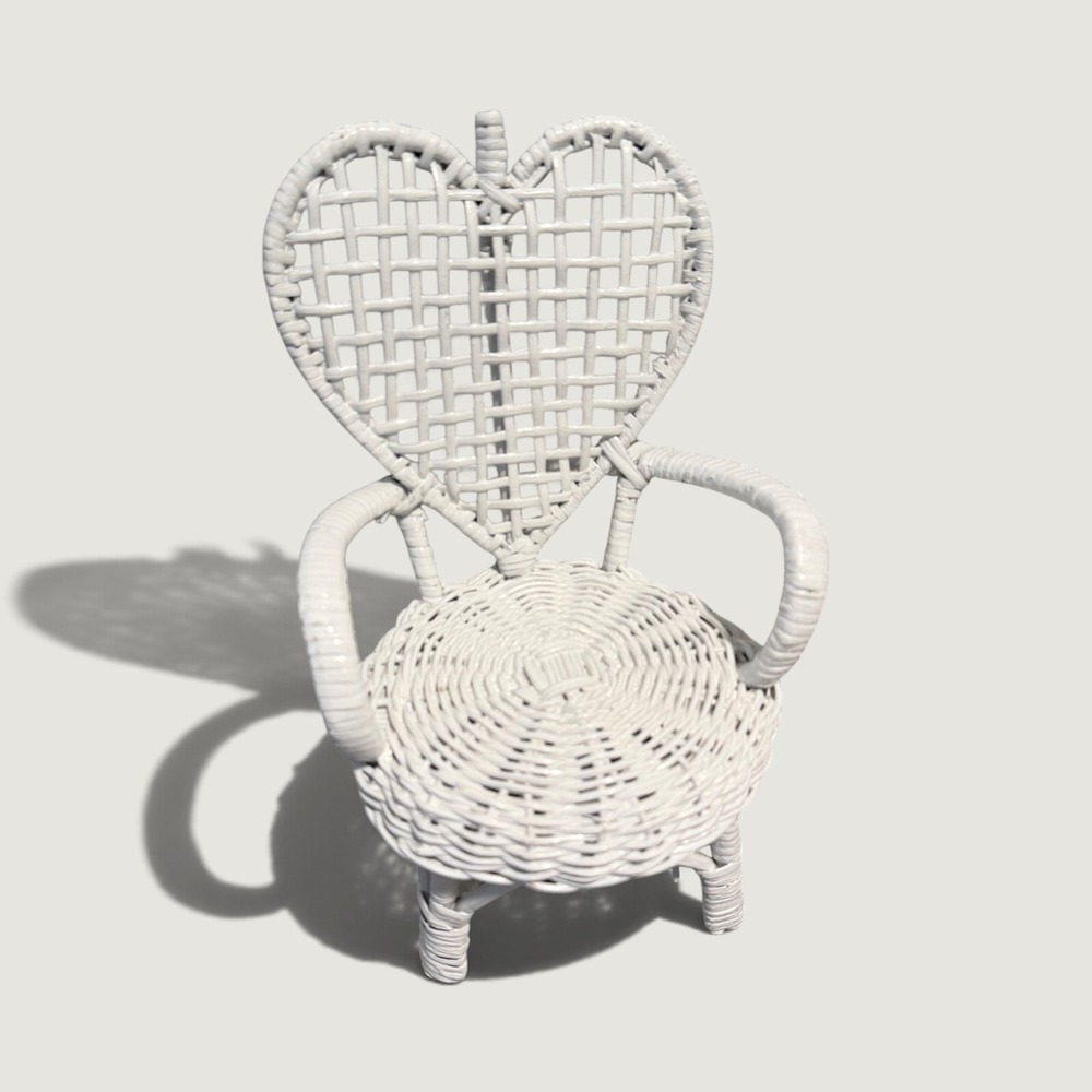 White Wicker Heart Back Doll Chair Miniature Cottagecore Display